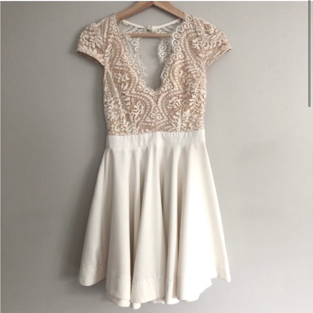 White lace fit and flare open back dress
